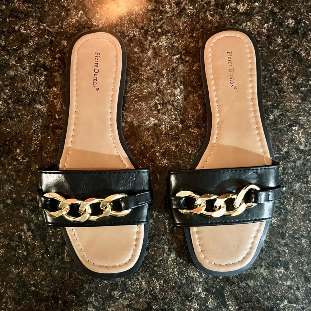 Pierre Dumas Black Sandals with Gold Chain Accent